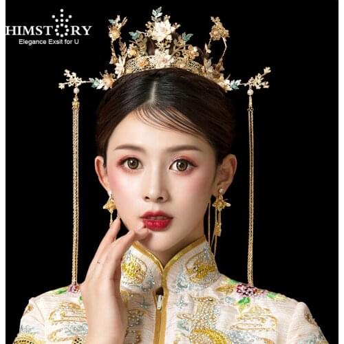 HIMSTORY Chinese Traditional Gold Color Phoenix Long Tassel Tiara Crown Headpiece Earring Bride Wedding Hair Accessories Jewelry