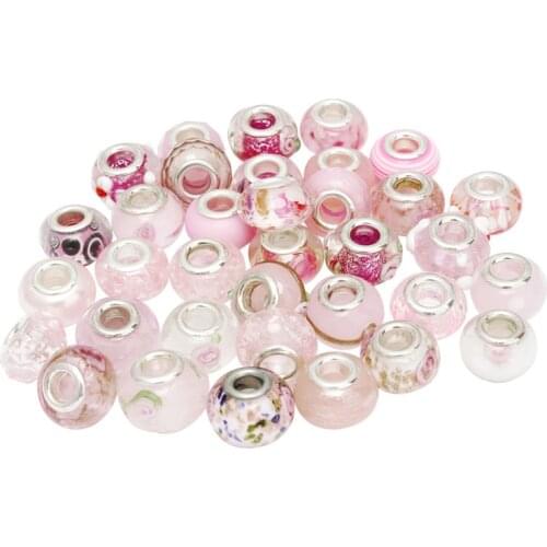 Julie Wang 30PCS Pink European Beads Round Acrylic Resin Big Hole Spacer Beads Bracelet Jewelry Making Accessory