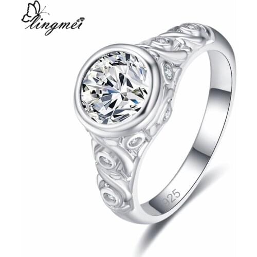 Lingmei Simple Style Fashion Jewelry Round Cut Red & White Zircon Silver Color Women Ring Size 6-9 Bridal Sterling Ring