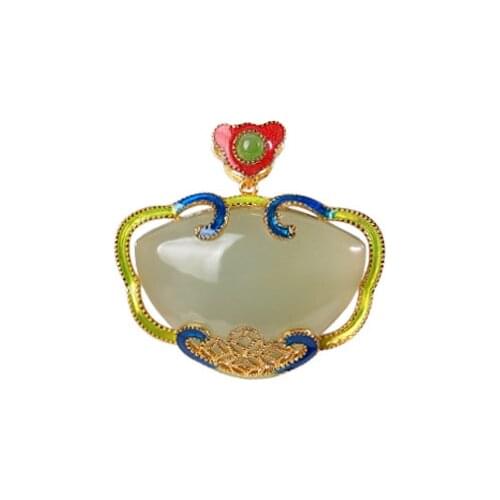 S925 sterling silver gold-plated cloisonne enamel Hetian gray jade classic National Fashion Coin female pendant