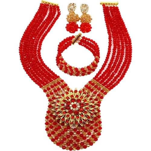 Fashion African Wedding Nigerian Beads Jewelry Set Red and Gold AB Beaded Necklace 6C-XJZ014