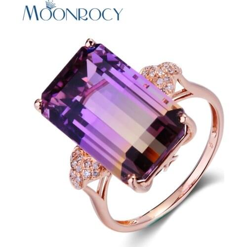 MOONROCY Drop Shipping Jewelry Square Rose Gold Color Cubic Zirconia Party Colourful Crystal Ring for Women Girls Gift