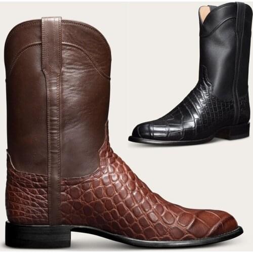 Men Retro Mid Calf Western Cowboy Motorcycle Boots Male Autumn Outdoor Leather Fashion High Cylinder Shoes Plus Size 38-48