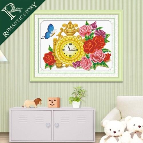 Romantic Story Needlework Cross stitch Sets For Embroidery kits Clock Rose Flower Pattern DIY Count Cross-Stitch Home Decoration