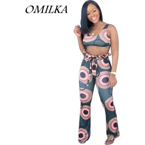 OMILKA 2019 Summer Women Sleeveless O Neck Dot Printed Crop Top and Long Pant Set Sexy Green Club Party Beach 2 Piece Tracksuit