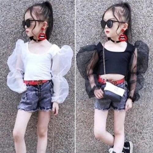 0-5Y Toddler Kid Baby Girl T Shirts Tops Solid Long Lace Puff Sleeve Pullover Fashion Top Summer Outfits