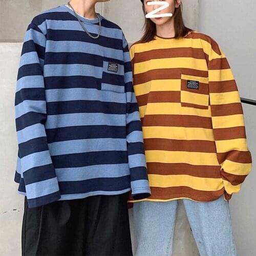 Striped long-sleeved T-shirt mens ins trend mens loose round neck color matching shirt lovers autumn and winter shirt striped