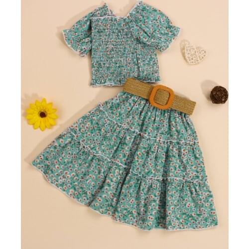 Girls Casual Three-piece Clothes Set, Short Sleeve Floral Printed Ruffles Crop Tops, Long Skirt and Waistband