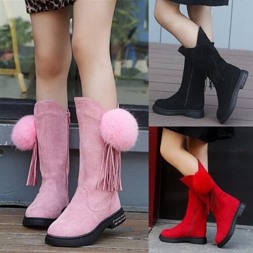 Fashion Suede Leather Fur Girls Over The Knee Boots Princess Kids Snow Boots Tassel Children Shoes Winter Plush Warm Non-slip