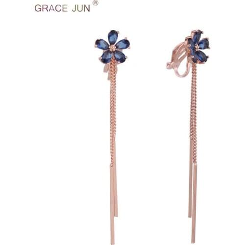 GRACE JUN Korea Style AAA CZ Long Double Tassel Rose Gold Clip on Earrings Non Piercing for Women Luxury Bridal Wedding Earrings