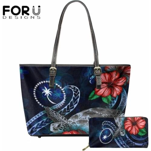 FORUDESIGNS Women Leather Handbags Chuuk Micronesia Hibiscus with Turtle Print Female Travel Shoulder Bags Womens Clutches Purse
