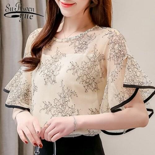 Women Chiffon Lace Shirt Korean Spring Summer Blouse Irregular Short Sleeved Flare Sleeve O-Neck Printed Flower Women Tops 3546