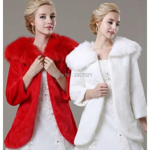 2018 Warm Red White Long Sleeves Faux Fur Winter Bridal Jackets&Wrap with Neck Wedding Accessories Coat Wedding Wrap In Stock