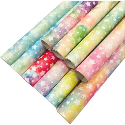 Star Printed Pastel Colorful Shiny PU Fine Glitter Faux Leather Fabric for Making Sewing/Hair Bow/DIY Accessories
