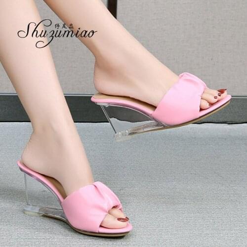 Shuzumiao Slippers Women Wedges Shoes Woman 2020 Summer Transparent Sexy Outside Clear High heels Slides Ladies Shoes Mujeres