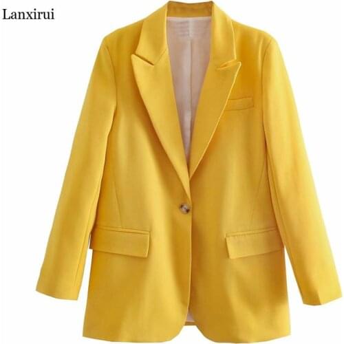 Women Yellow Fit Blazer Suit Long Sleeve Shoulder Pads Single Button Casual Blazers Coat Woman Flap Pockets Spring Top