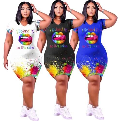 Plus Size Women Dress Mouth I Licked It Printed Casual Short Sleeve Shirt Above Knee Dress Summer Women Clothing