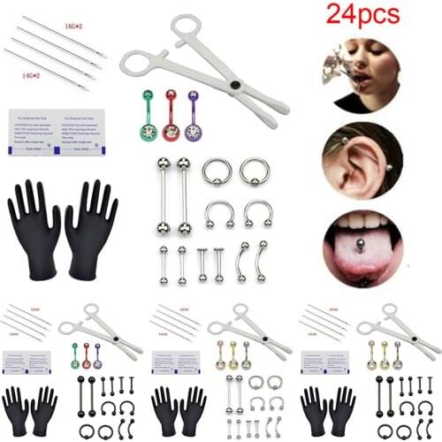 24pcs/Set Tongue Ring Nose Eyebrow Lips Septum Forceps Piercing Needles Body Jewelry Body Piercing Jewellery Kits