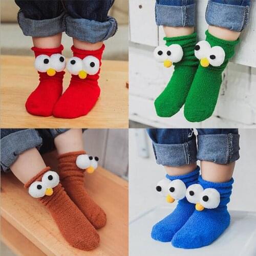W144 Free shipping Children socks multi-size multi-color winter creative cartoon big eyes coral velvet warm baby socks