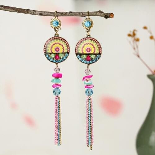 Bohemia Vintage Ethnic crystal Long Tassel Jhumka Earrings ladies colorful Rhinestone print Dangle Ear Ornaments For Female Jewe