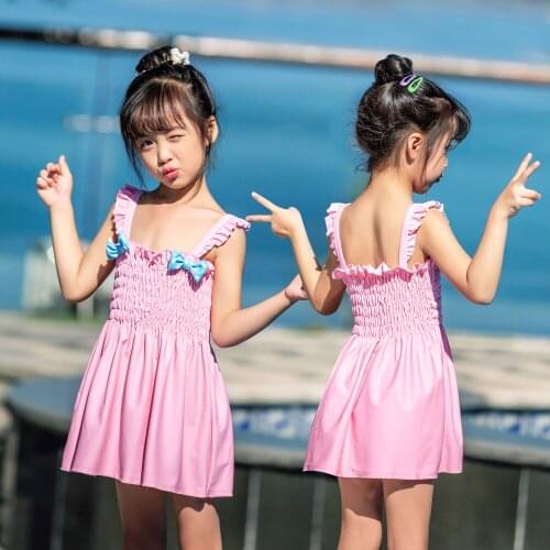 Girls Kids Swimwear One-Piece Shirred Swimsuit Swimming Skirted Beachwear with Bowknot Pink
