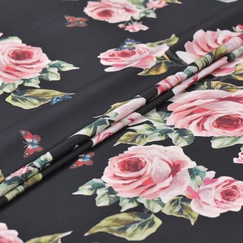 136CM Wide 22MM Pink Rose Print Stretch Black Silk Fabric Good for Summer Dress Skirt Shirt Pants J199