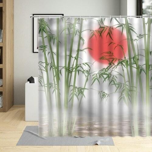 Chinese Abstract Psychedelic Fog Bamboo Forest Red Sun Print Decor Bathroom Curtains Waterproof Fabric Shower Curtain With Hooks