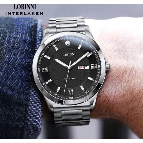 LOBINNI Business Dress Men Watch Date Black Dial Analog Automatic Watches Full Stainless Steel Mechanical Watch