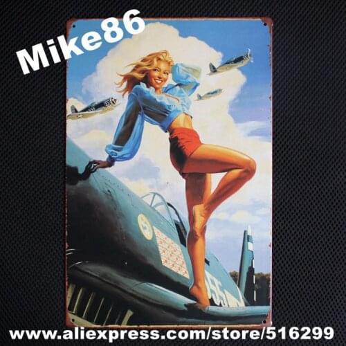 [ Mike86 ] Vintage Sexy Lady With Plane Wall signs decor Bar Metal Painting art B-174 Mix order 20*30 CM