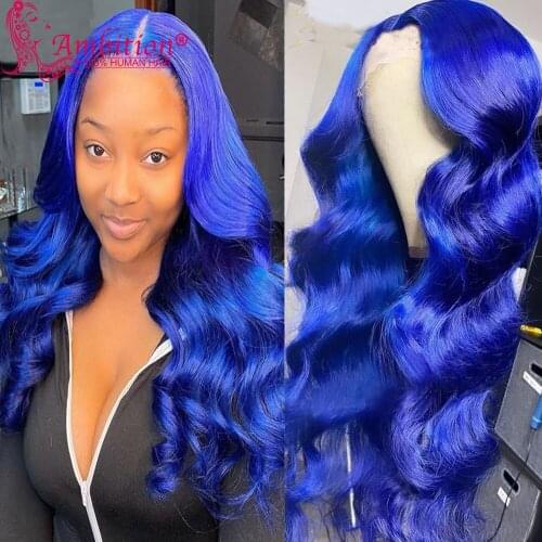 Blue Color Preplucked Human Hair Glueless Lace Front Wigs Lace Wavy Frontal Wigs 180% Full Density Lace Hair Wigs for women