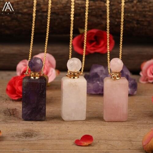 Natural White Jades Rose Amethysts Quartz Perfume Bottle Pendant Necklace Boho Women Quartz Crystal Essential Oil Vial Jewelry