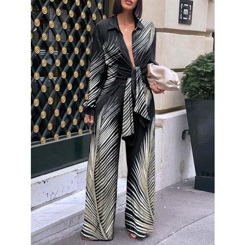 Autumn womens Long Sleeve Top and Wide Leg Pants Leisure Polyester 2021 New Front Lace Up Comfortable Slim Fit Suit