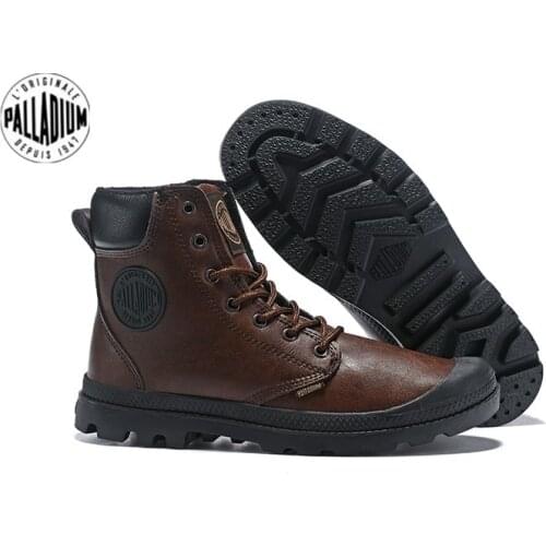 PALLADIUM Solid Coffee Color Men Military Army Tactical Ankle Boots with Push inside male walking Cowboy Classic Walking Shoes