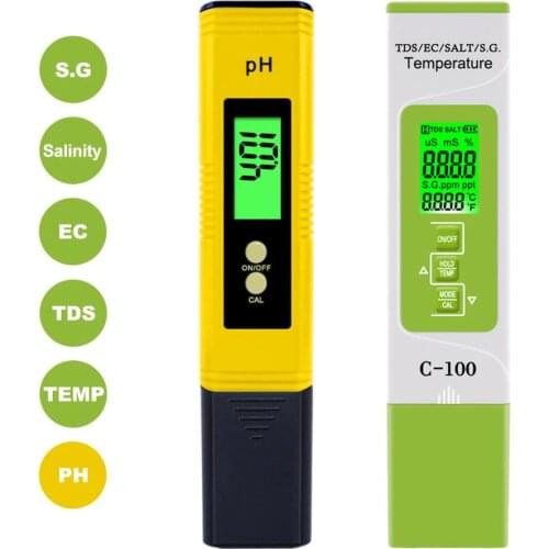 Yieryi Portable PH meter C-100 5 in 1 TDS/EC/ Salinity/S.G./Temperature Water Testing Tools LCD digital water quality test pen