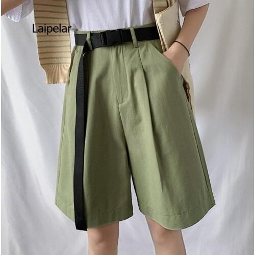 Plus Size Summer 2021 New Casual Cargo Half Pants with Belt High Waist Chic Wide Leg Pant Elegant Loose Trousers Pocket