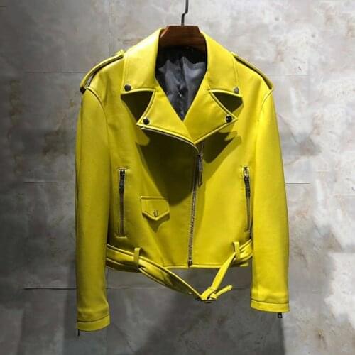 New 2021 Arrival Yellow Color Coat Women Spring Genuine Leather Jacket Short Turn-Down Collar Outerwear Ladies Sheepskin Coats