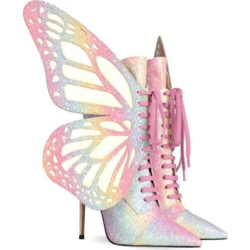 New Girls White Blue Nude Multi Color Big Butterfly Cross Lace Up Short Boots Woman Pointed Toe Sequins High Heels Wings Shoes