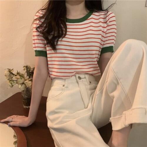 Woman Tshirts Puff Sleeve Summer New 2021 Female Tees Fashion Korean Casual Loose Short Sleeve Striped O-Neck Sweet Femme Tops