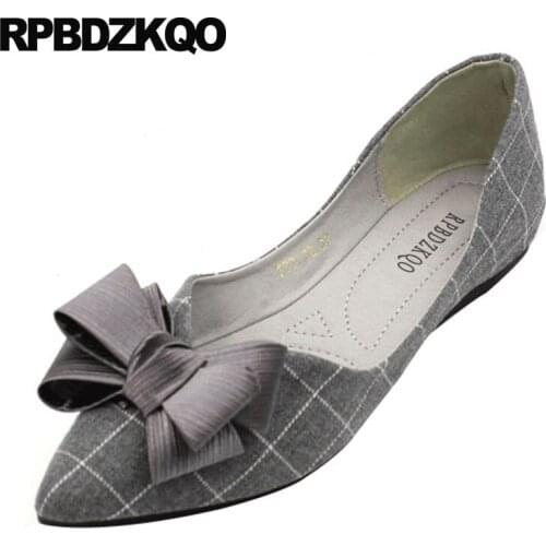 Ladies fur pointed toe chinese bow plaid kawaii gray women flats shoes with little cute bowtie grey slip on large size maternity