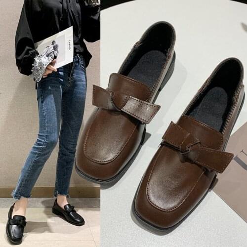 2020 Autumn Oxford Shoes For Women Solid Black Shoes Woman New Round Toe Bow Knot Slip on Thick Heels Leather Casual Shoes