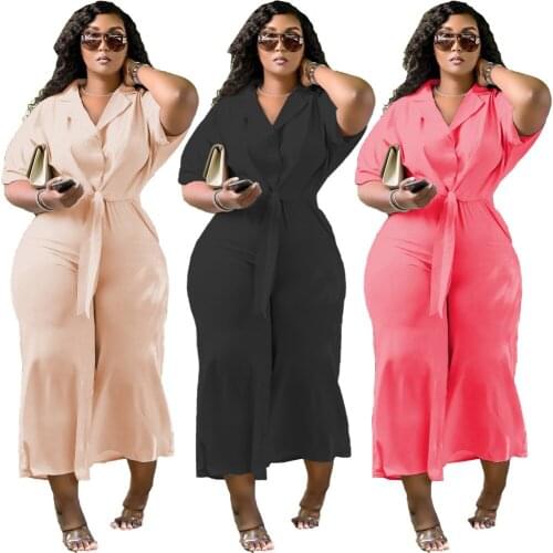 Plus Size Sets 3xl Temperament Commuting, Bandage Blouse Solid Color Wide Legged Two Piece Women Suit Wholesale Dropshipping