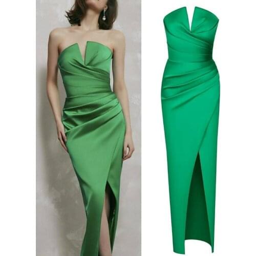 Sexy V-Neck Long Satin Mermaid Green Evening Dresses Side Slit Floor Length Open Back Formal Party Gowns for Women