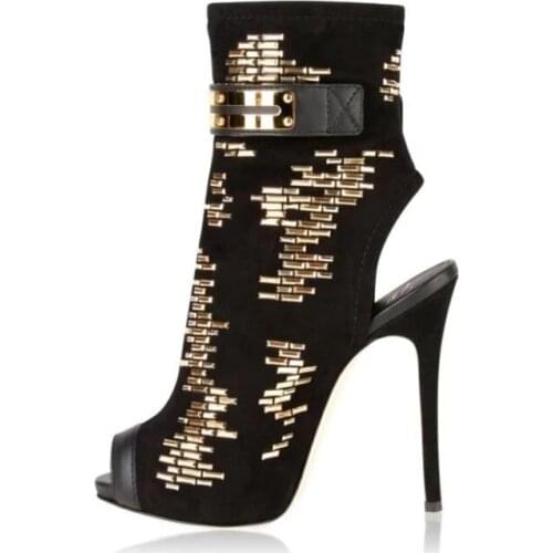 Gold Bling Tinsel Ankle Boots Peep Toe Stiletto High Heel Gladiator Gold Stud Embellished Short Booties Zip Slingbacks Boots