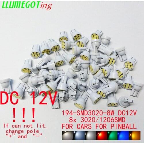 100pcs T10 W5W 194 168 Wedge LED Bulb 8 SMD 3020 1206 Colorful Super Bright 12V Auto Backup Light Wedge Roof Dome Reading Lamp