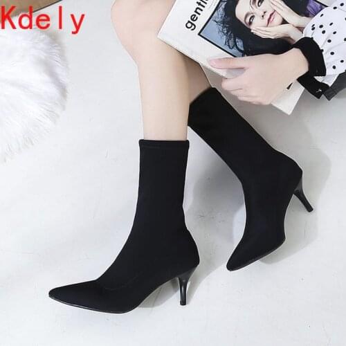 2020 Sexy Faux Suede Slim Boots Pointed Toe Slip-On Boots Fashion Stretch Fabric Winter Women Boots Size 34-39