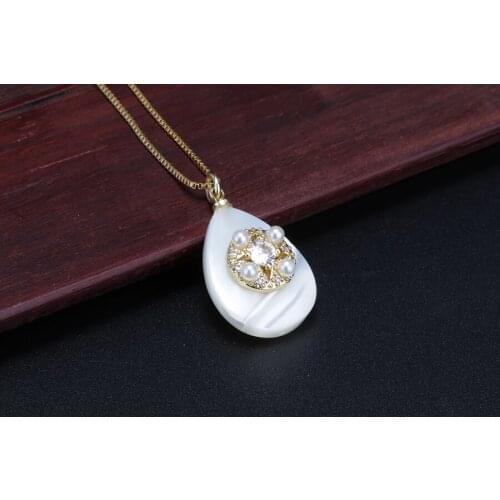 White CZ glass paved freshwater peal charm white water drop mother pearl shell pendant & choker necklace for women