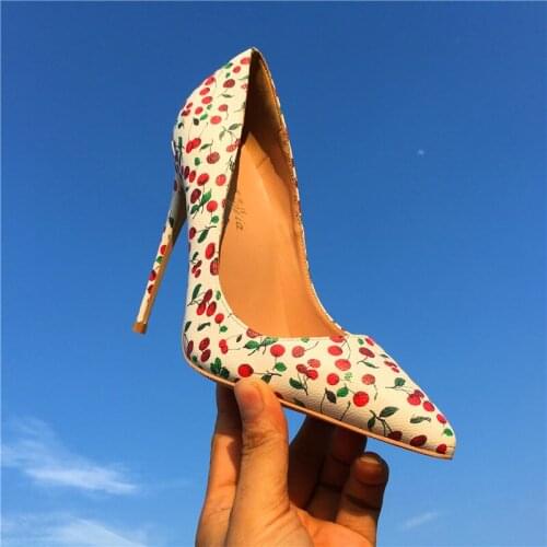 Free shipping fashion women Pumps lady white Cherry fairy printed Pointy toe high heels shoes size33-43 12cm 10cm 8cm Stiletto