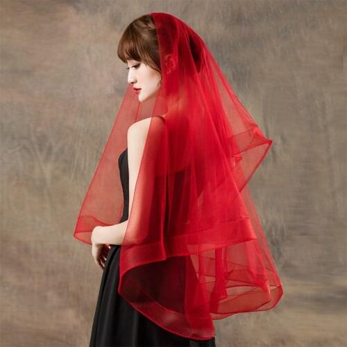 Ivory Red Black Veil Brides Ribbon Edge One Layer Tulle Veil Wedding Accessories Short 1.5M Bridal Veils Voile Mariage