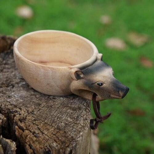 Handmade Carved Deer Wolf Fox Wild Boar Animals Shape Wooden Cup Mug Tea Coffee Milk Cups For Home Travel Camping Party Mug