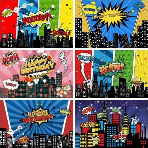 Laeacco Photography Backdrop For Superhero City Building Night Scene Baby Birthday Party Photo Background Photo Studio Photocall